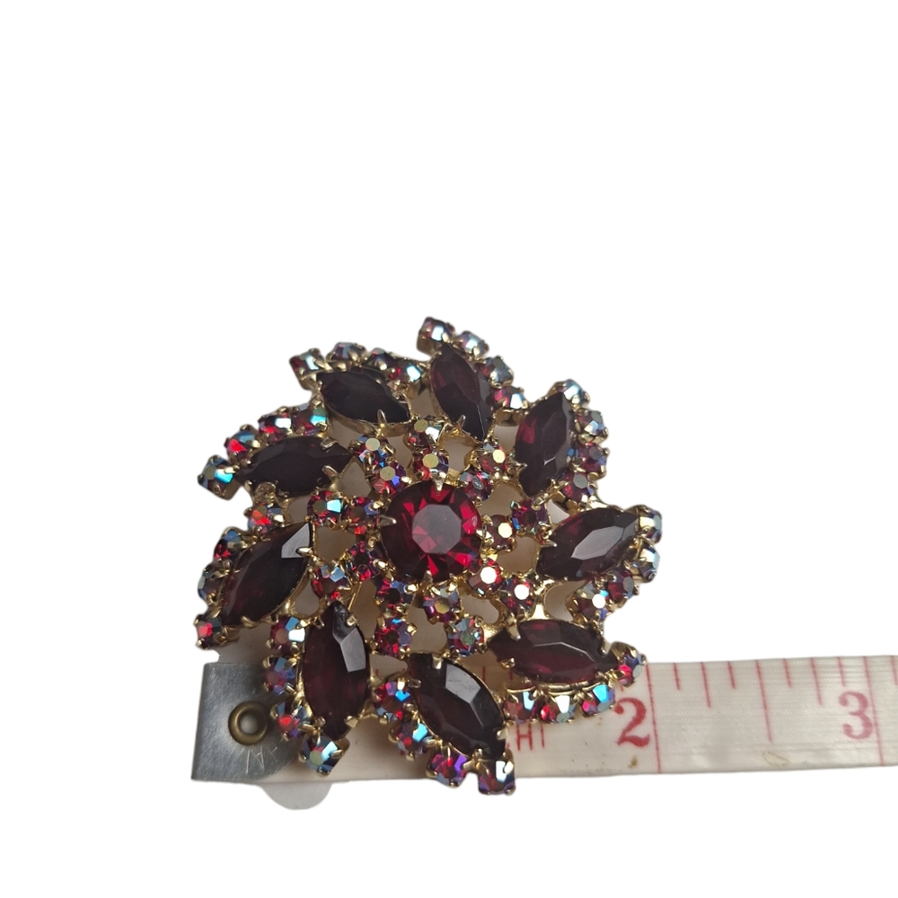 Vintage Gold Tone Red & Red AB Rhinestone Spinner Brooch (Glows Yellow) - Picture 5 of 9